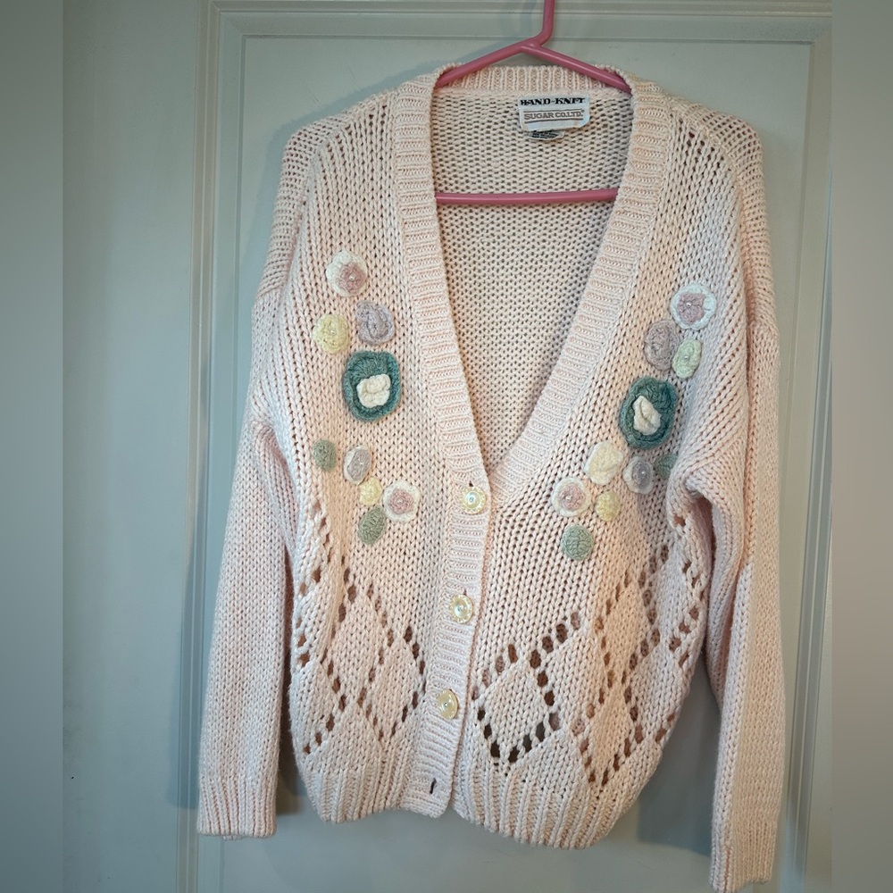 Vintage Hand- Knit Sugar Co.LTD Pink Crochet Floral Button Up Granny Cardigan, L